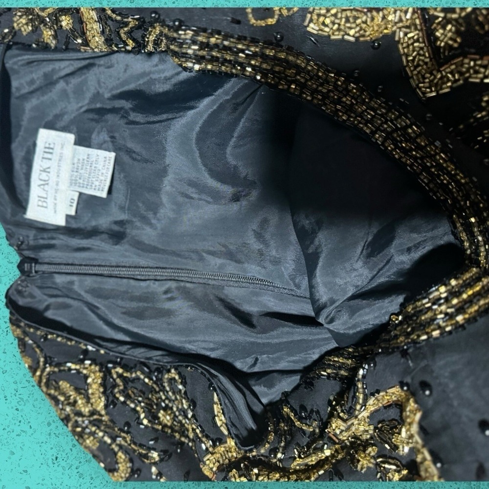 Black Tie Beaded Dress Size 10 Gold Flowers Vintage Cocktail‎ Party - Picture 4 of 11